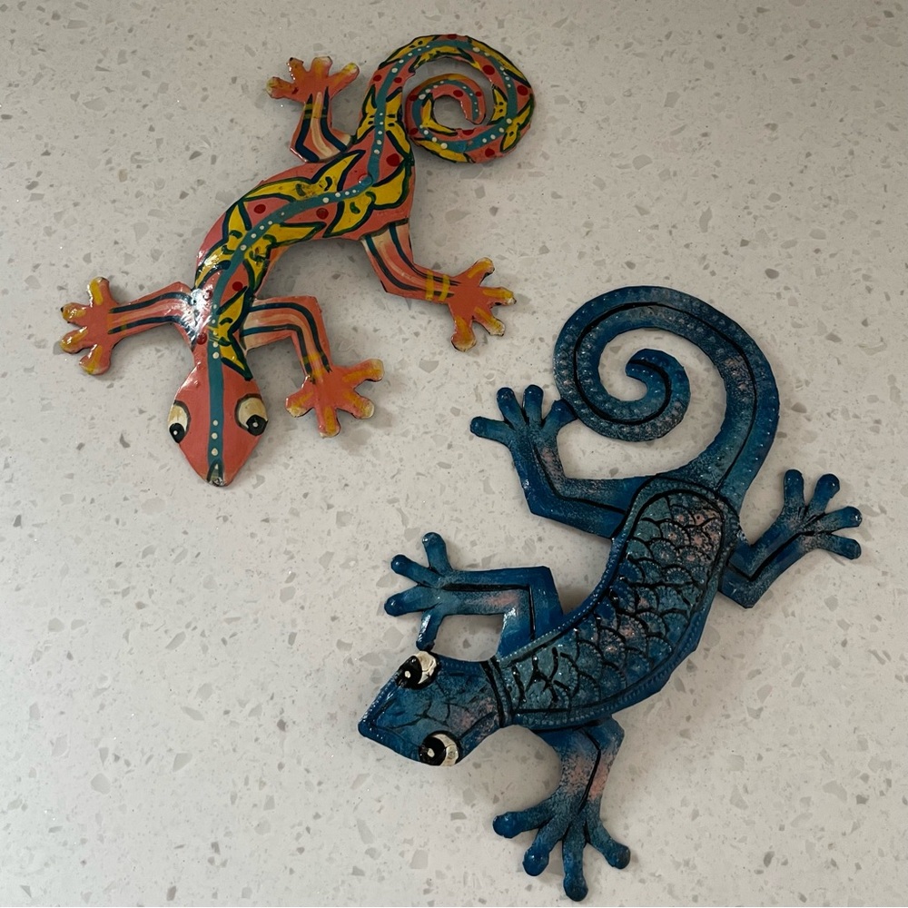 Gecko Lizard Tropical Indoor Outdoor Decor Metal Art Set of 2 Florida